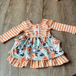 Orange and White Ruffled Long Sleeve Casual Dress